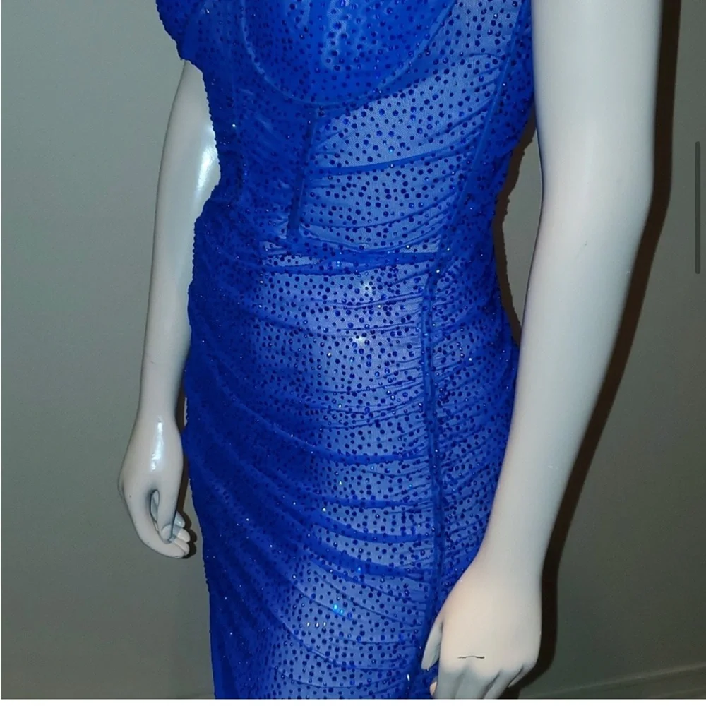 NWT Fashion Nova Royal Blue Rhinestone Crystal Sexy Sheer Mini Dress Jewel Tone - Picture 2 of 6